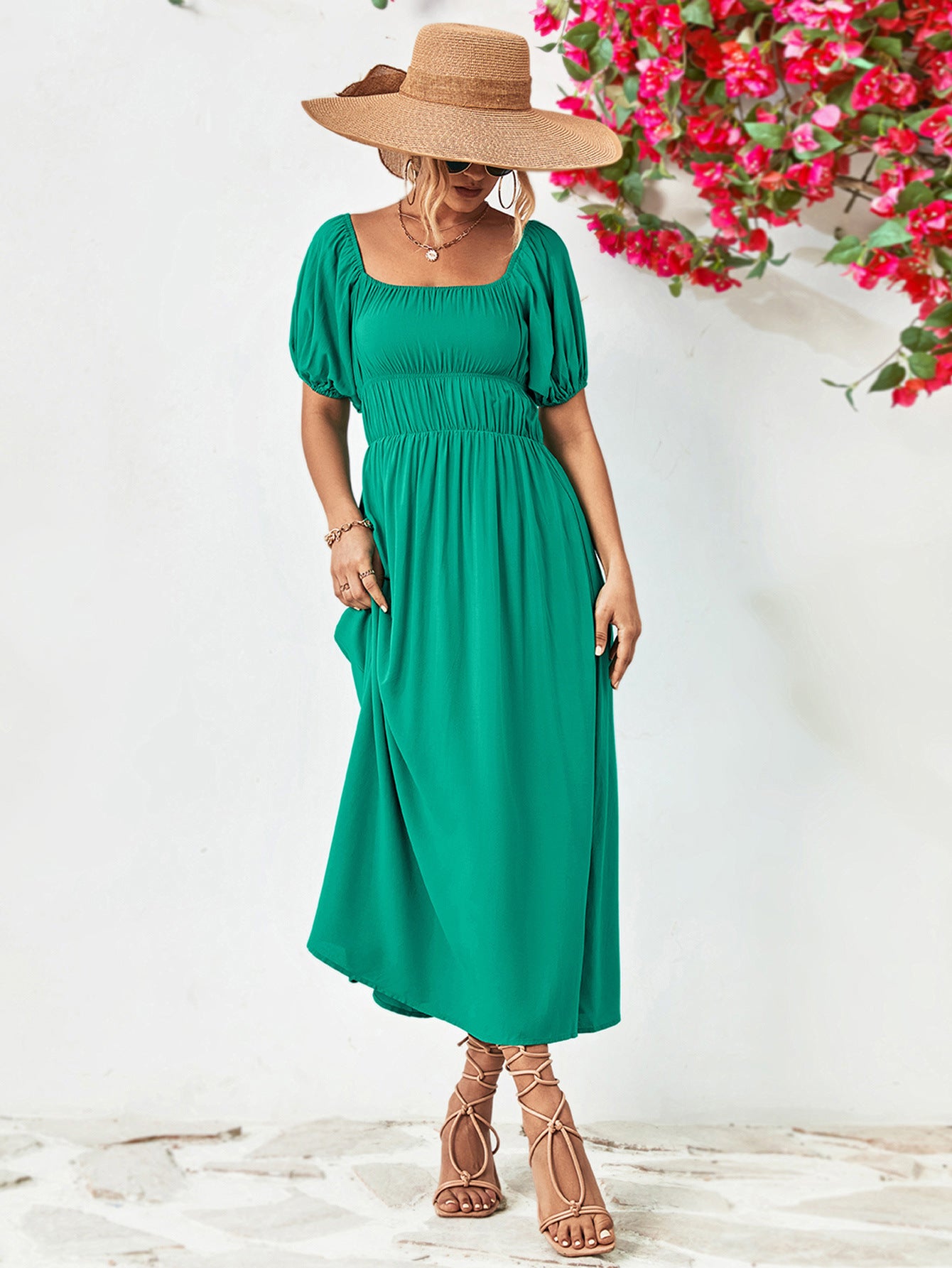 Off-Shoulder Balloon Sleeve Midi Dress - felvior