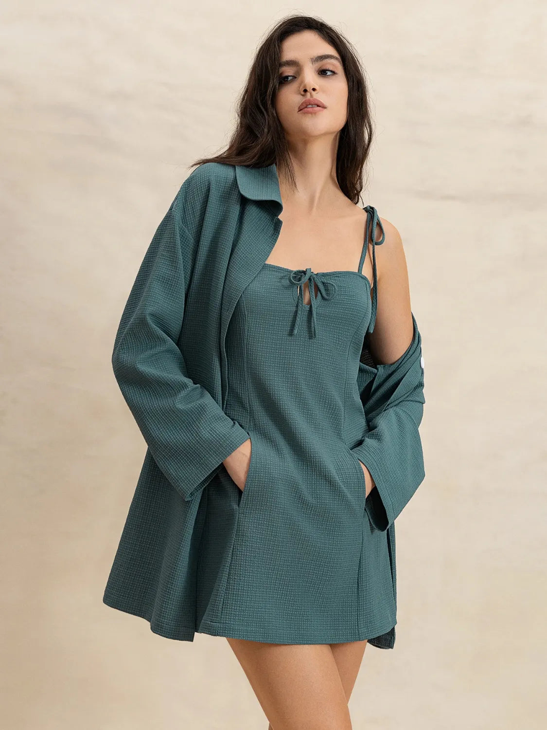 Tie Shoulder Mini Dress and Long Sleeve Top Set Main image