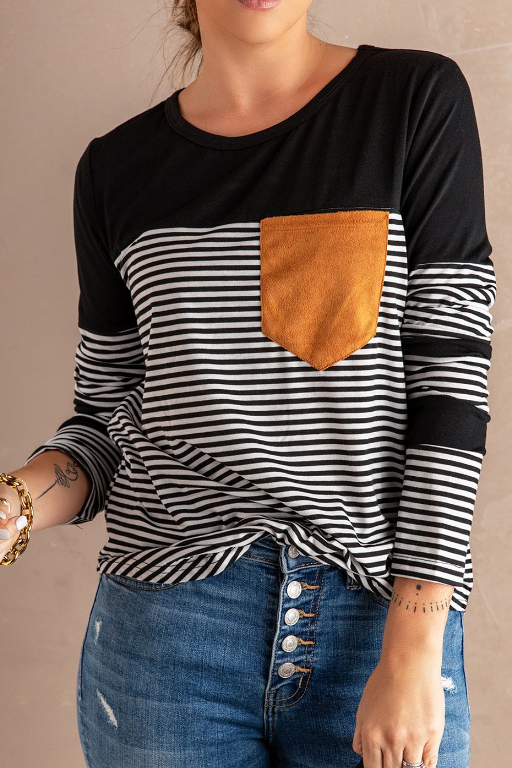 Striped Round Neck Long Sleeve T-Shirt Image principale du produit