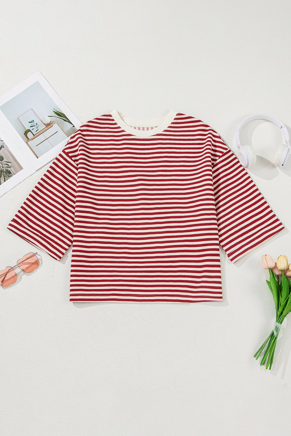 Stripe Bow Decor Cutout Drop Shoulder Top - felvior