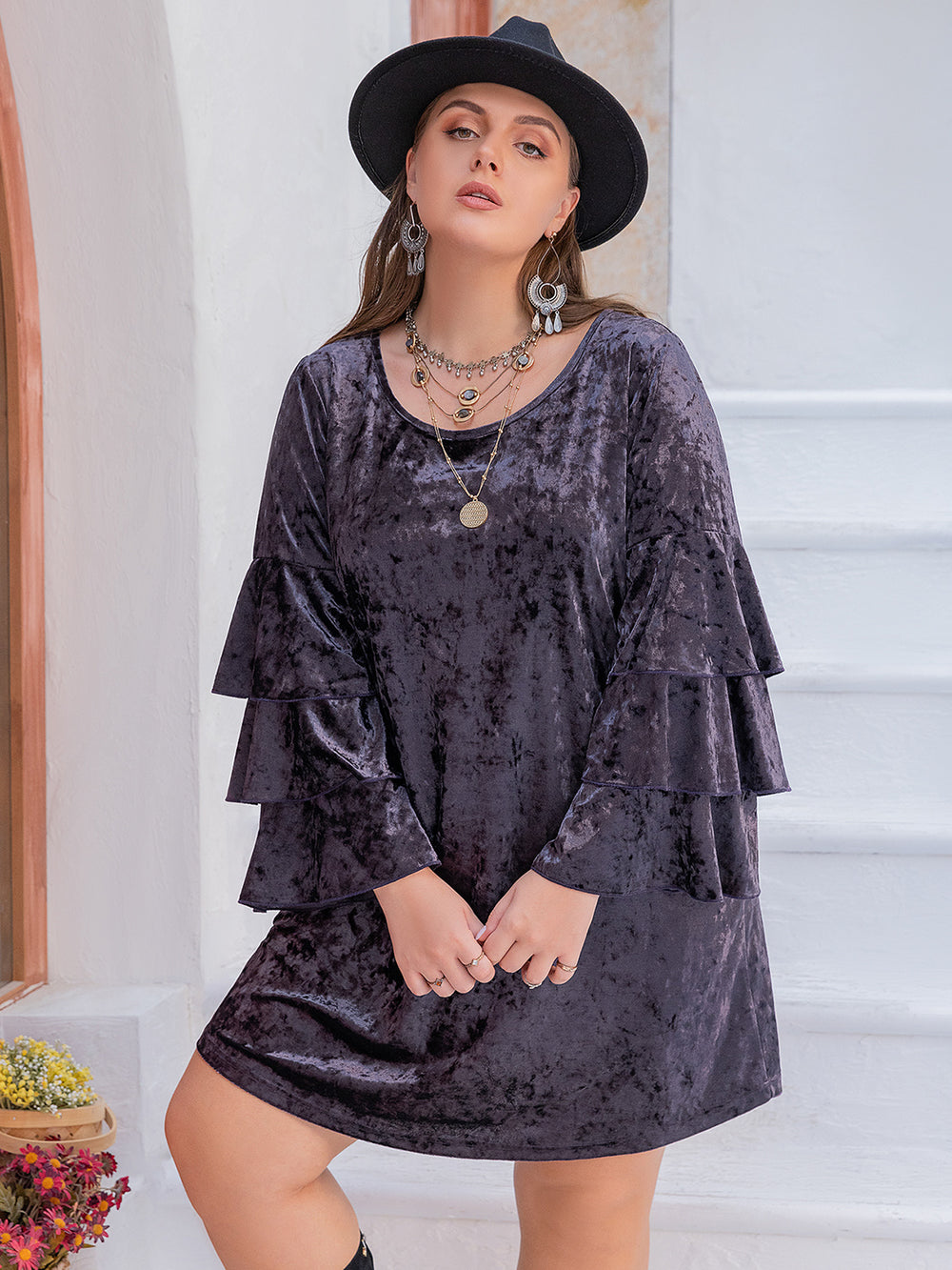 Plus Size Round Neck Flounce Sleeve Mini Dress - felvior