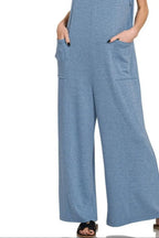 Zenana French Terry Deep V Neck Jumpsuits