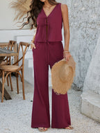 Devine Tied V-Neck Sleeveless Top and Pants Set