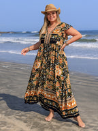 Plus Size Printed V-Neck Ruffle Cap Sleeve Maxi Dress