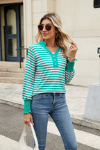 Contrast Striped Notched Long Sleeve Top