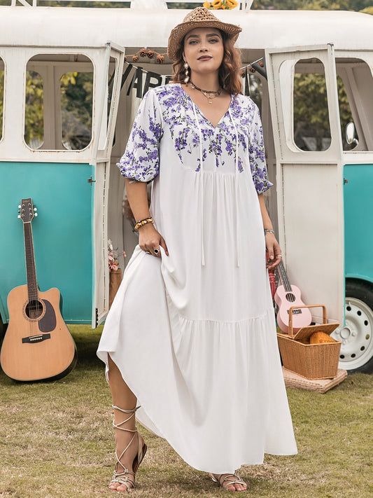 Plus Size Printed Tie Neck Half Sleeve Maxi Dress - felvior