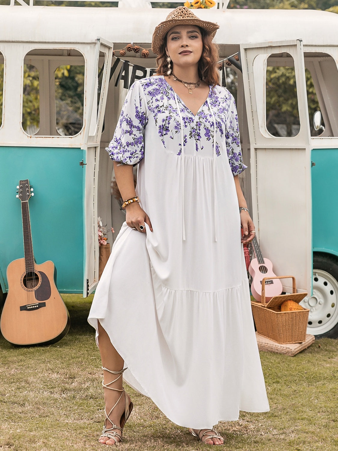 Plus Size Printed Tie Neck Half Sleeve Maxi Dress - felvior