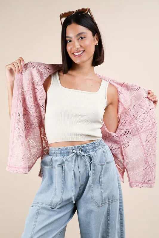 VERY J Plus Size Oversized Crochet Button Down Shirt Top