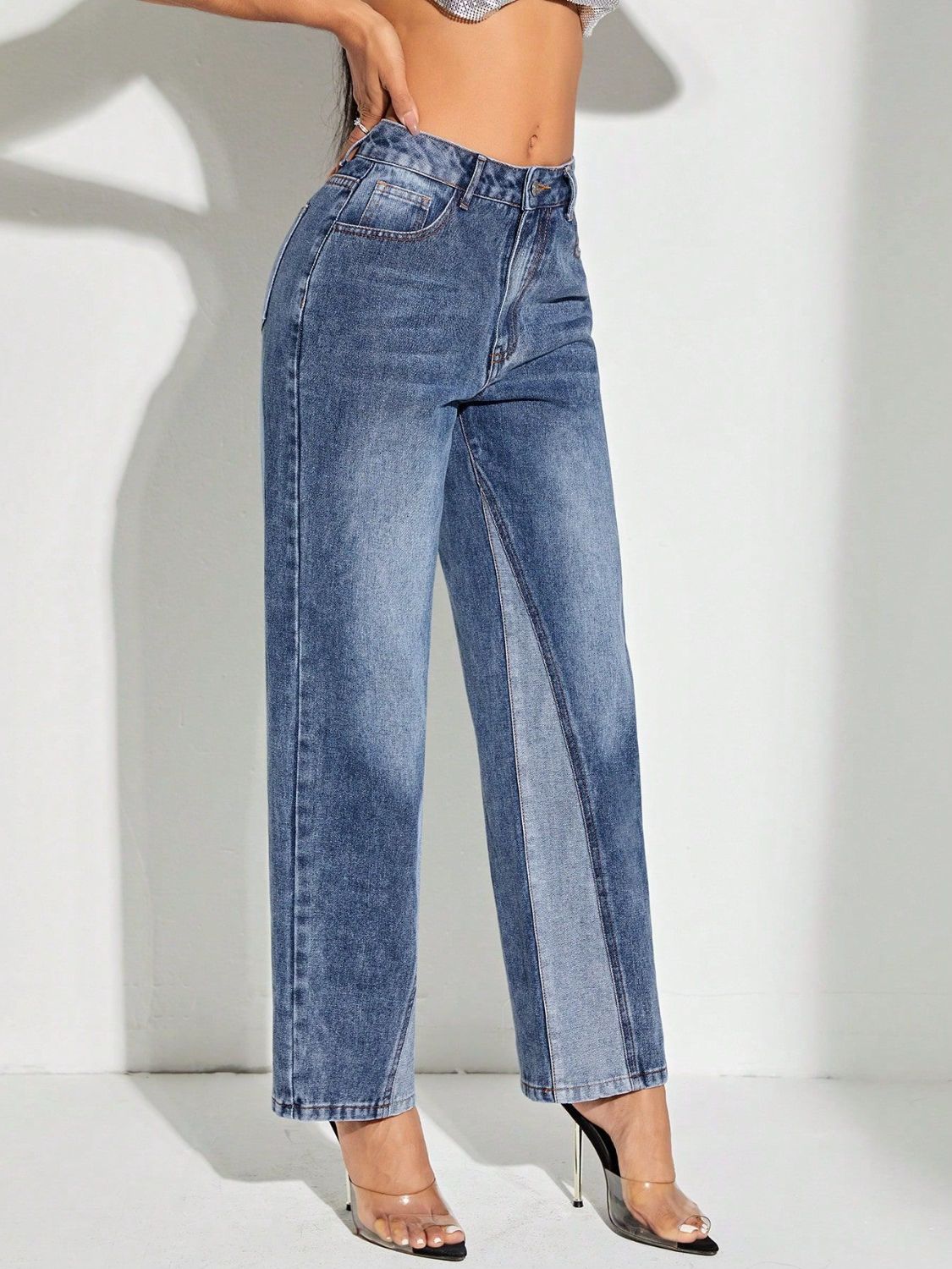 Contrast Patchwork Straight Jeans with Pockets - felvior