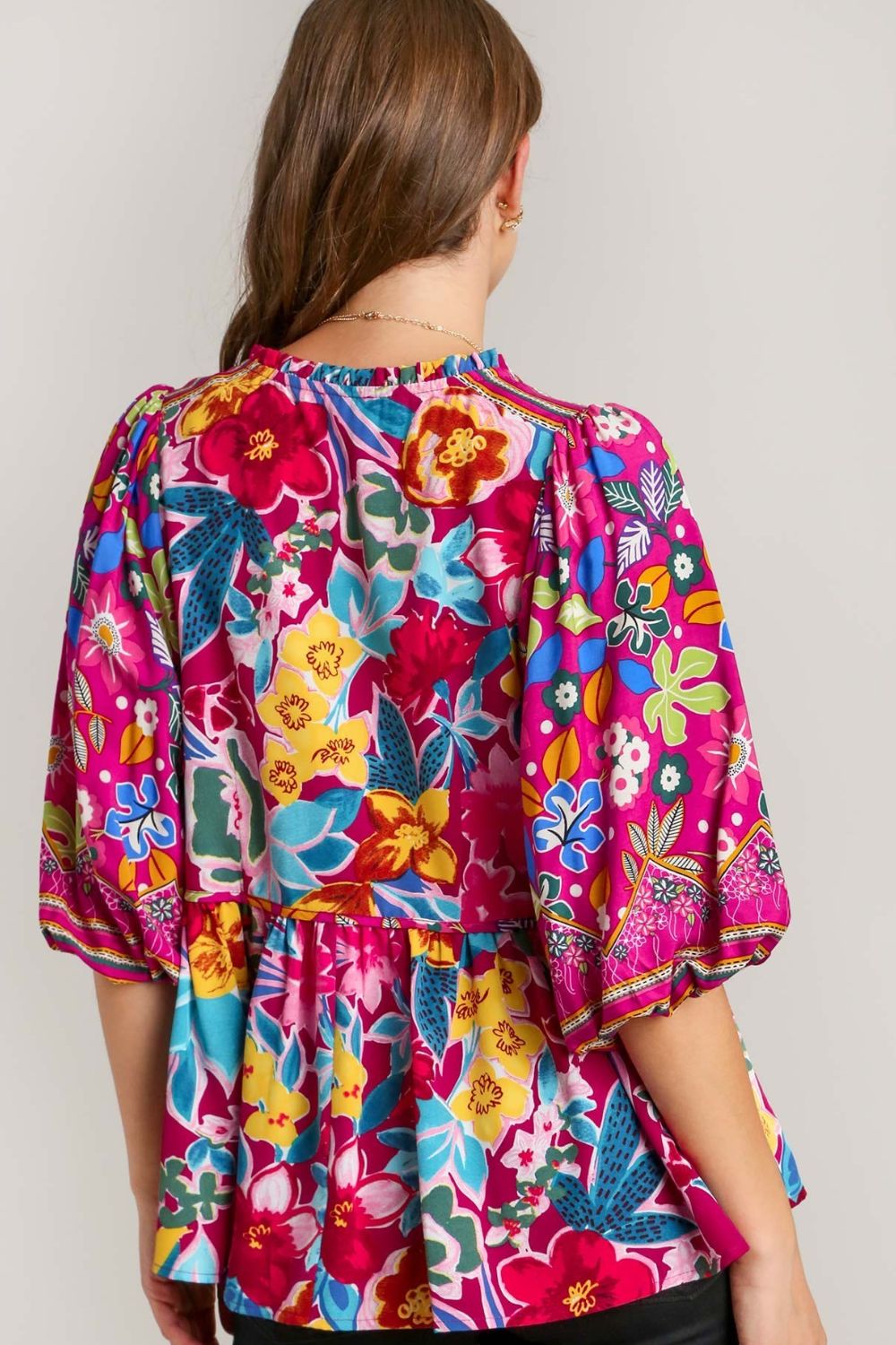 Umgee Full Size Floral Print Tie Neck Peplum Blouse Plus Size