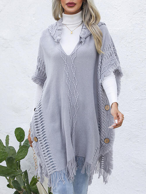 Fringe Trim Buttoned Hooded Poncho Hauptbild