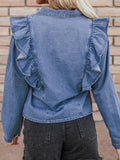 Ruffled Collared Neck Long Sleeve Denim Top - felvior