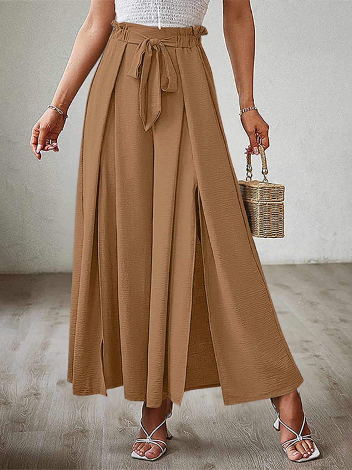 Tied Slit Wide Leg Pants - felvior