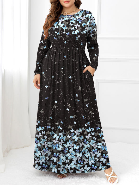 Plus Size Round Neck Maxi Dress with Pockets - felvior
