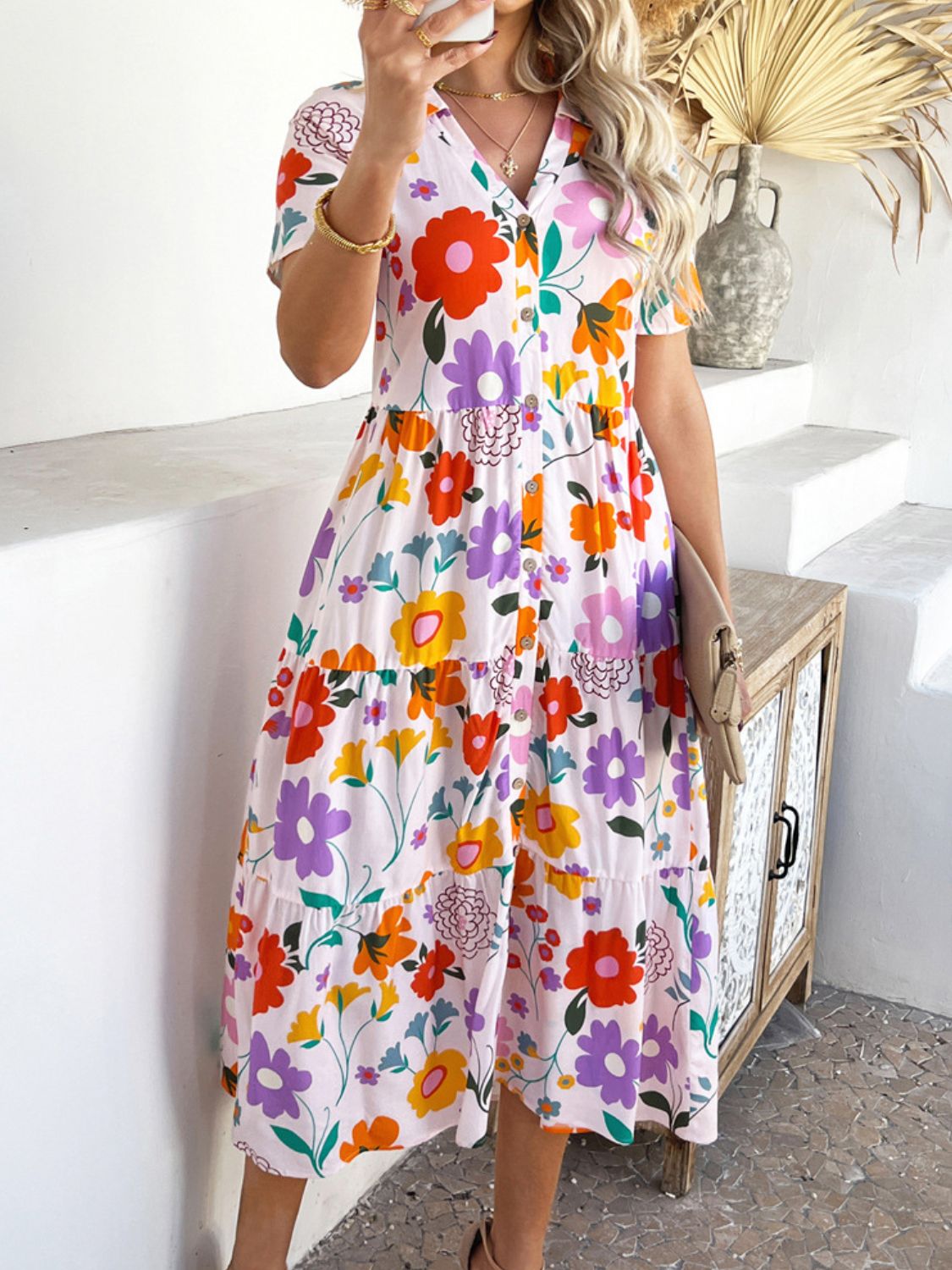 Devine Printed Johnny Collar Button Down Short Sleeve Midi Shirt Dress - felvior