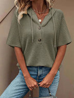 Drawstring Waffle-Knit Short Sleeve Hooded Top