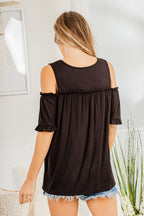 Heimish Full Size Frill Round Neck Cold Shoulder T-Shirt Plus Size