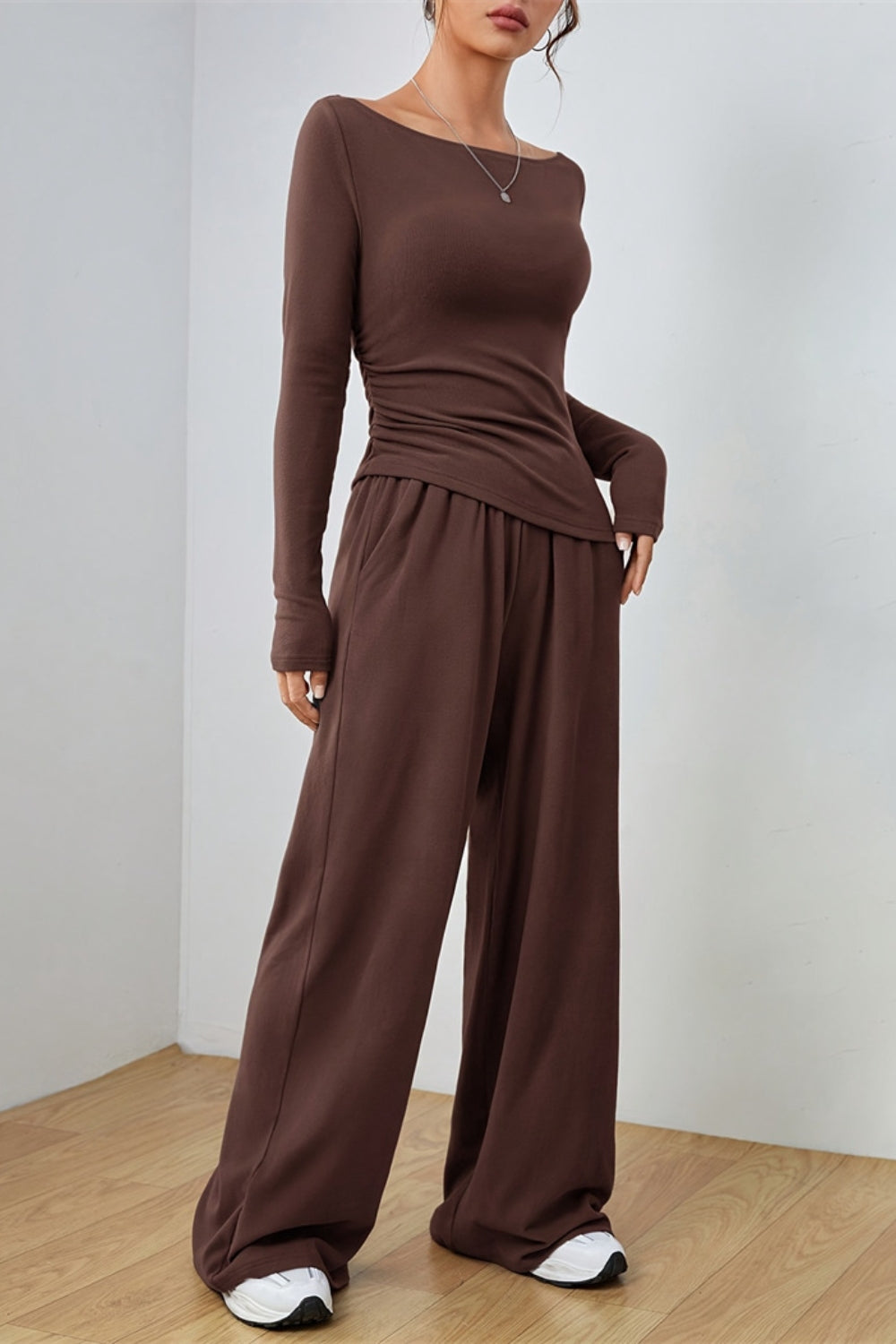 Boat Neck Long Sleeve Top and Pants Set - felvior