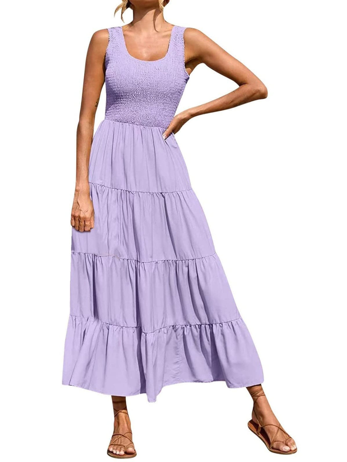 Tiered Smocked Wide Strap Dress - felvior