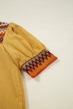 Geometric Frill Mock Neck Short Sleeve Blouse