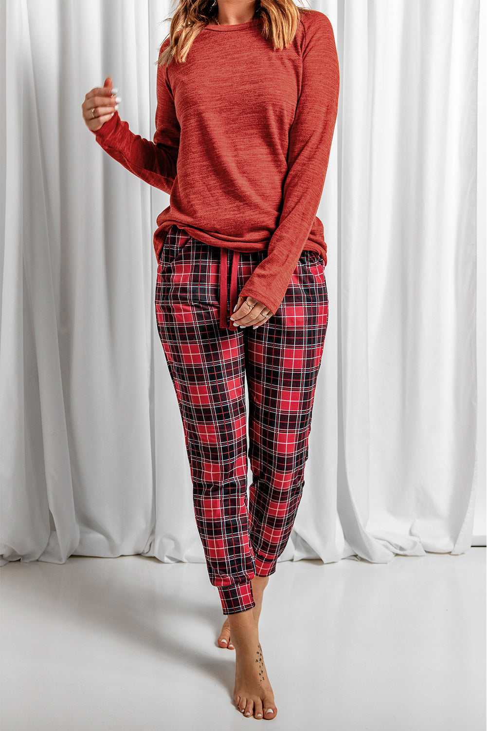 Round Neck Top and Drawstring Plaid Pants Lounge Set - felvior