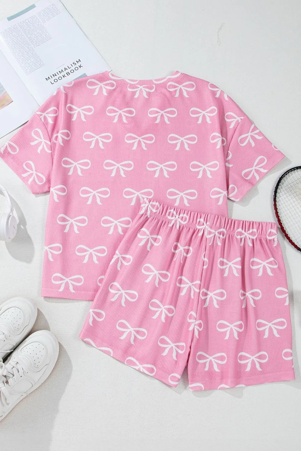 Bowknot Printed Notched T-Shirt and Shorts Set