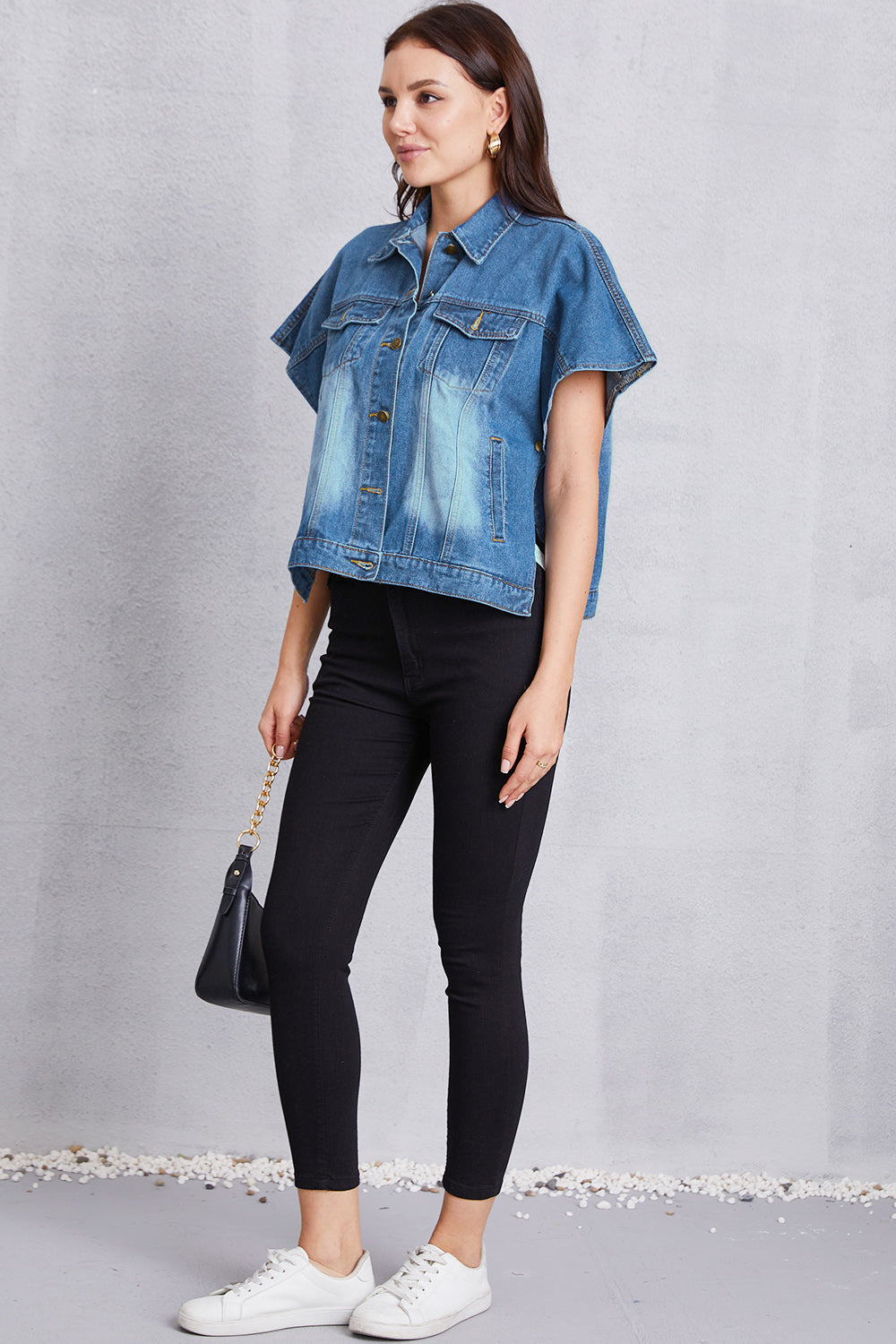Pocketed Button Up Short Sleeve Denim Top - felvior