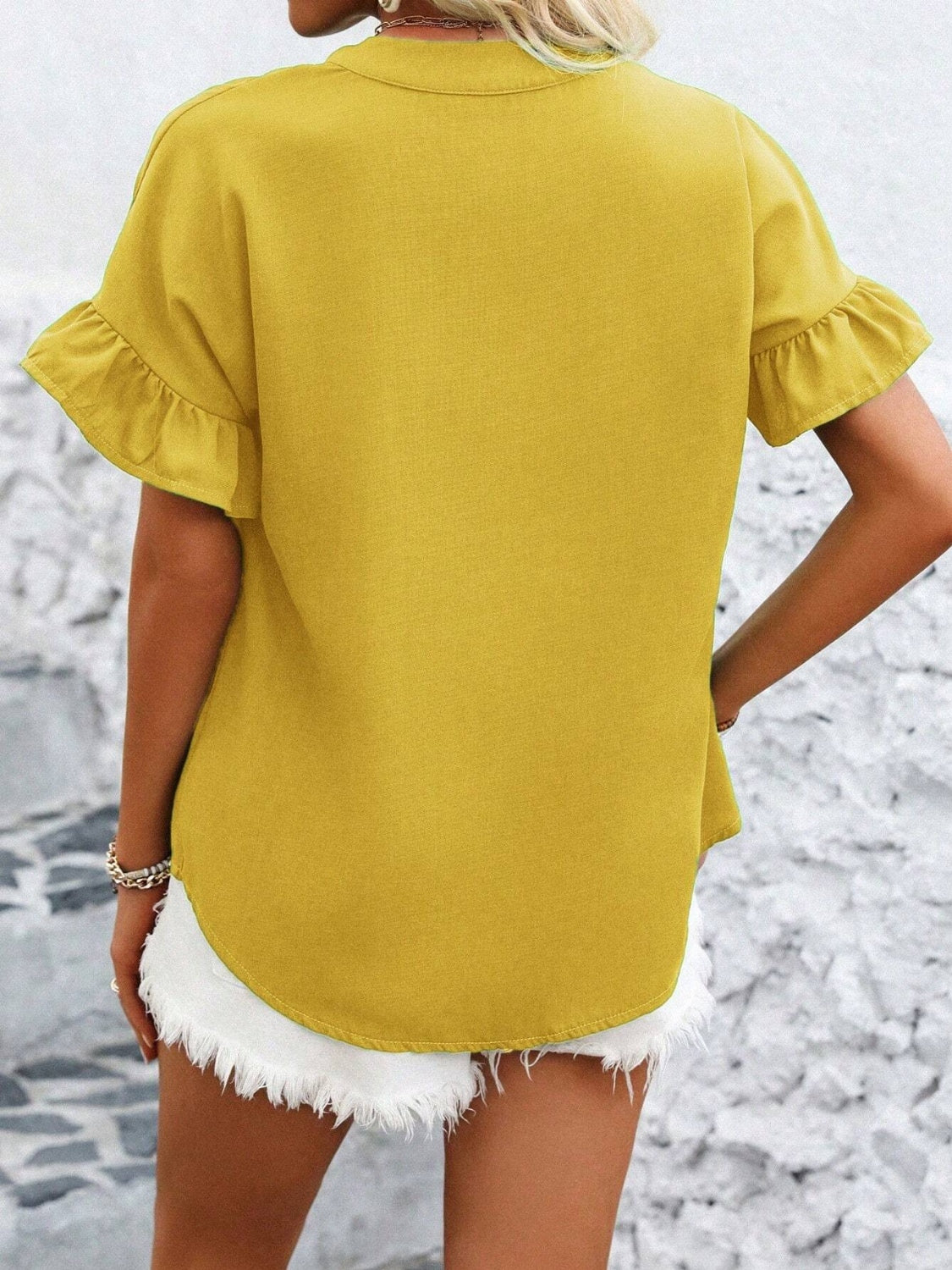 Button Down Ruffled Short Sleeve Shirt - felvior