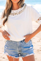 Lace Crochet Crew Neck Casual T Shirt