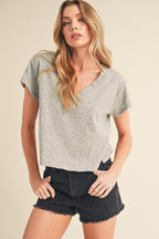 Aemi + Co Side Slit V-Neck Short Sleeve Cropped T-Shirt
