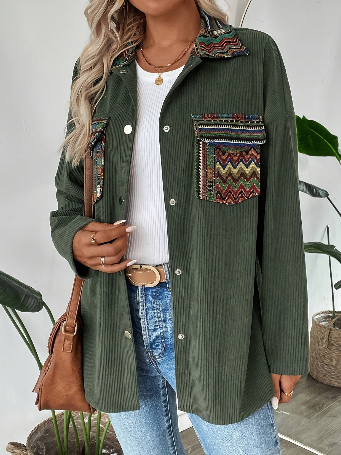 Snap Down Long Sleeve Jacket with Chest Pockets - felvior