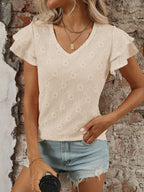 Eyelet V-Neck Ruffled Cap Sleeve Top