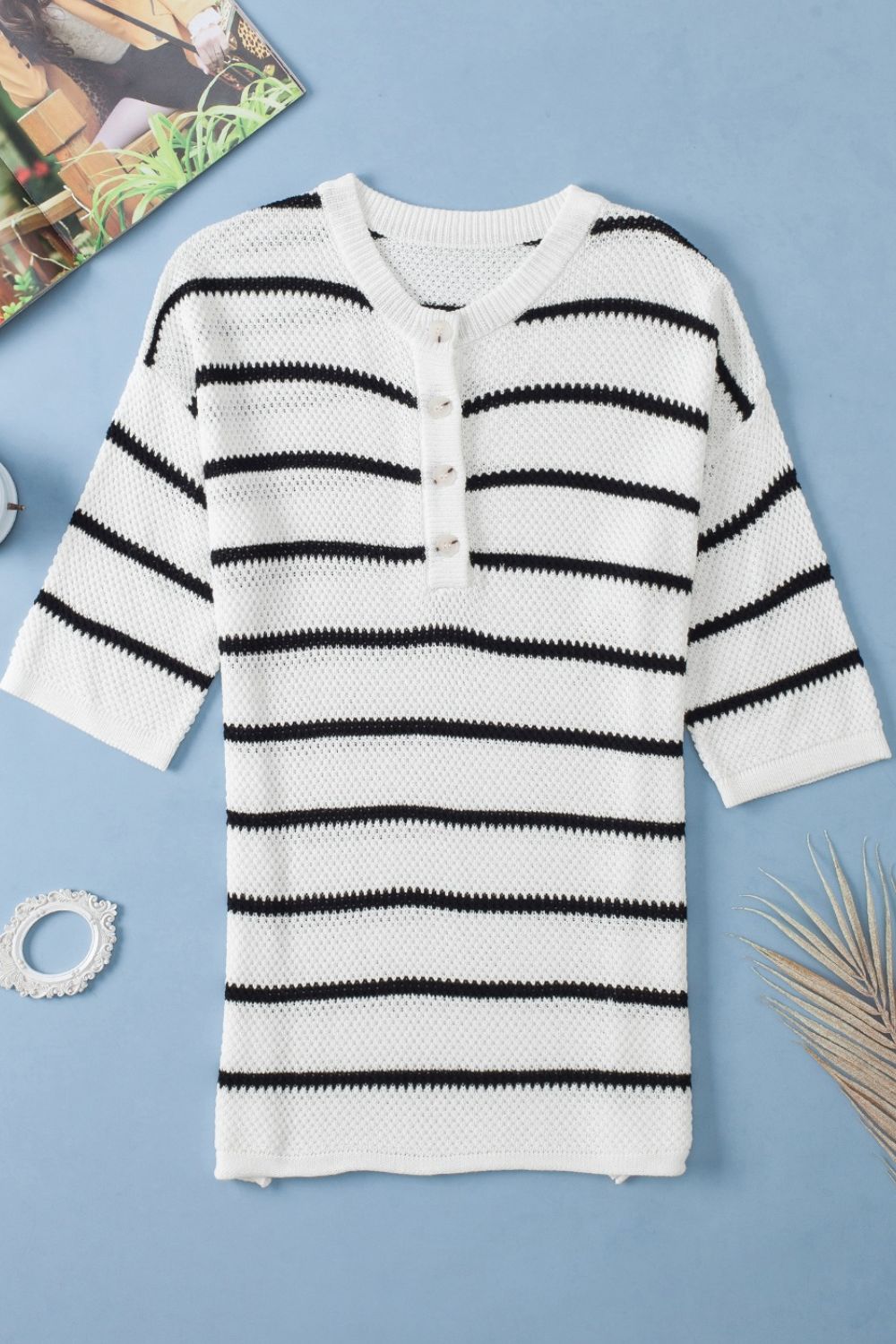 Stripe Drop Shoulder Side Slit Knit Top - felvior