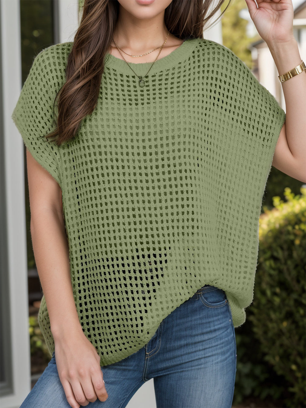 Openwork Round Neck Short Sleeve Cover-Up - felvior