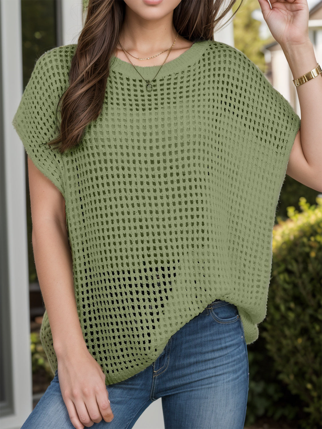 Openwork Round Neck Short Sleeve Cover-Up - felvior