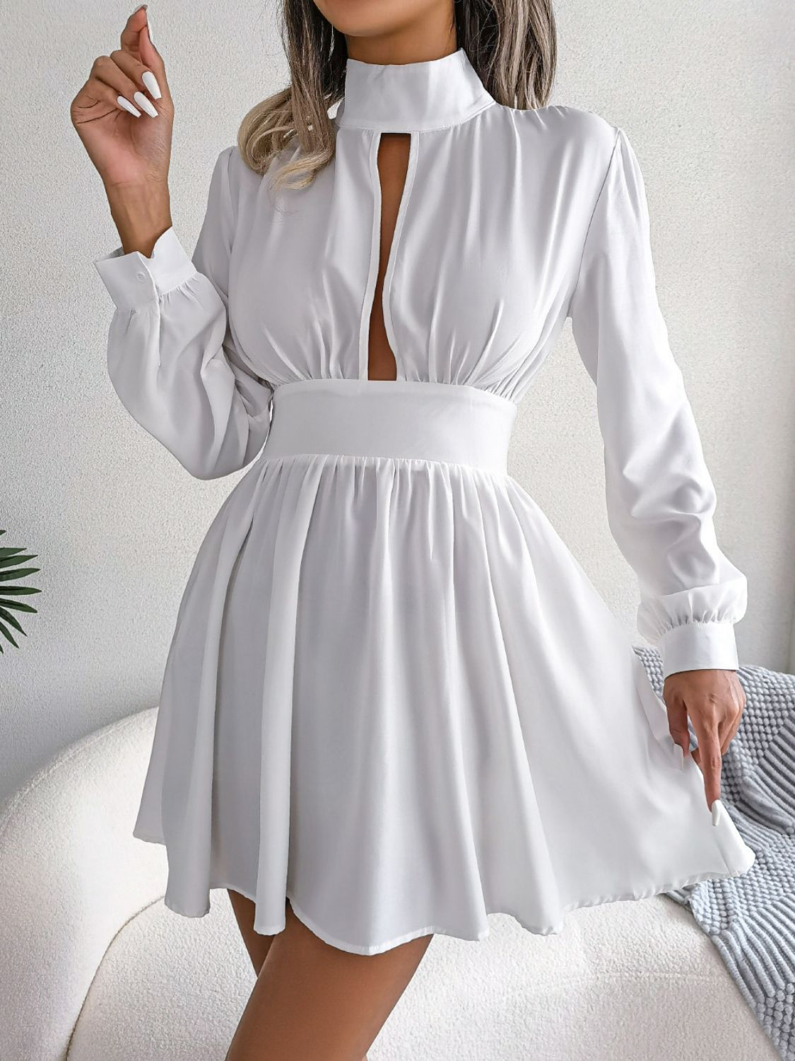 Cutout Turtleneck A-Line Mini Dress - felvior