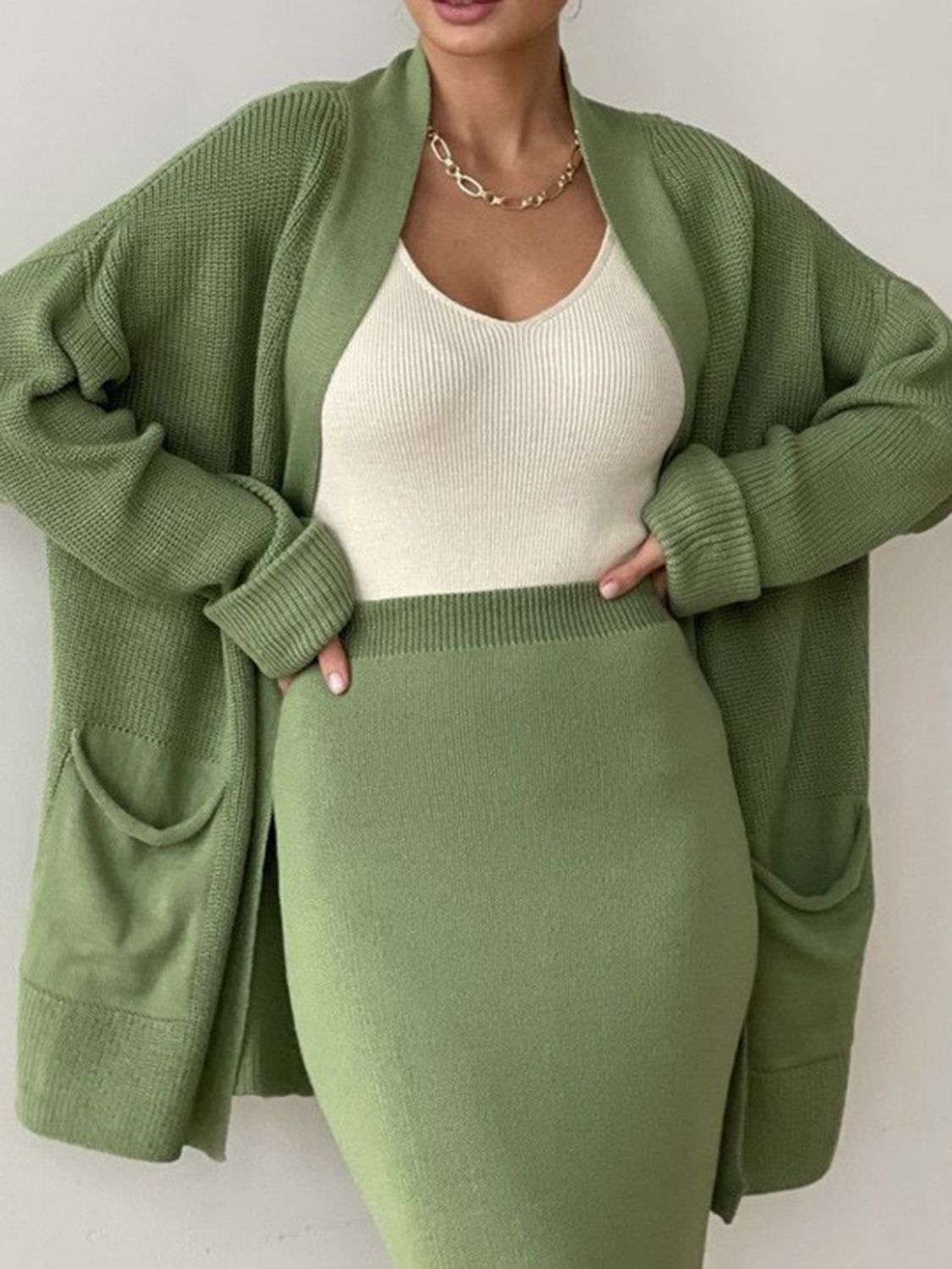 Pocketed Long Sleeve Cardigan and Skirt Sweater Set - felvior