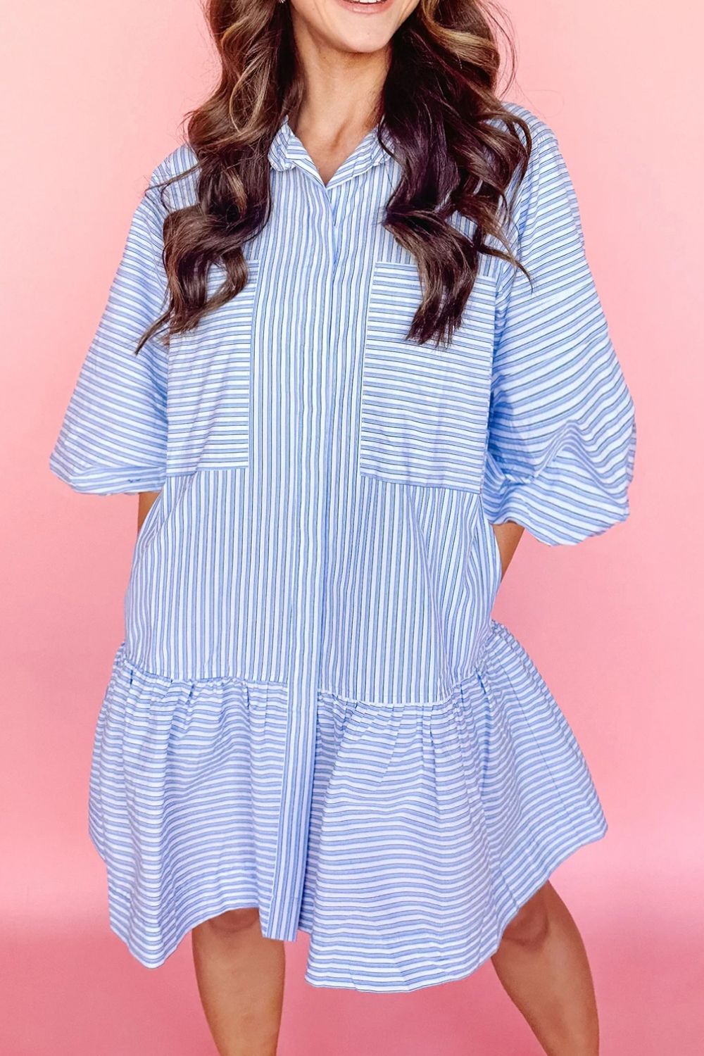 Stripe Bubble Sleeve Chest Pockets Shirt Dress - felvior