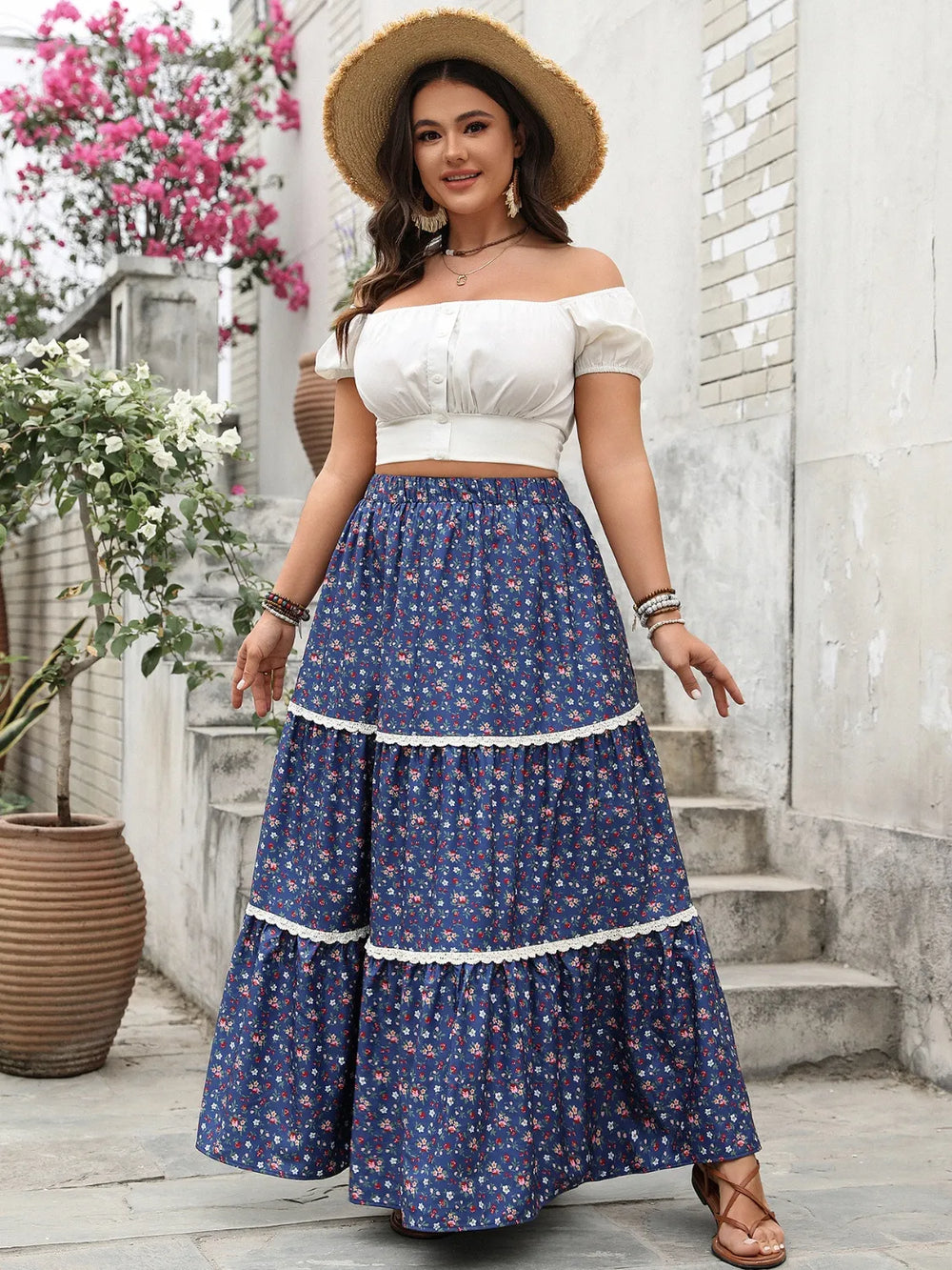 Plus Size Floral Elastic Waist Maxi Skirt