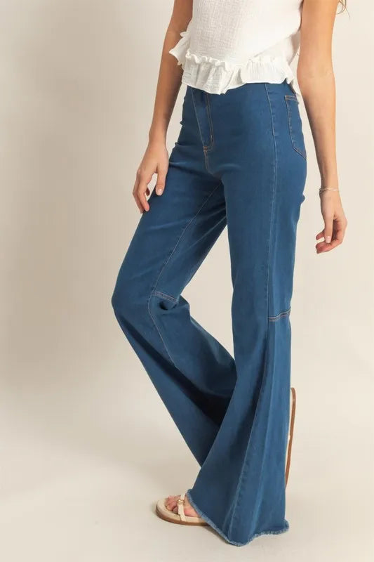 HYFVE Raw Hem High-Waist Washed Flared Jeans