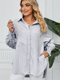 Striped Collared Neck Long Sleeve Shirt - felvior