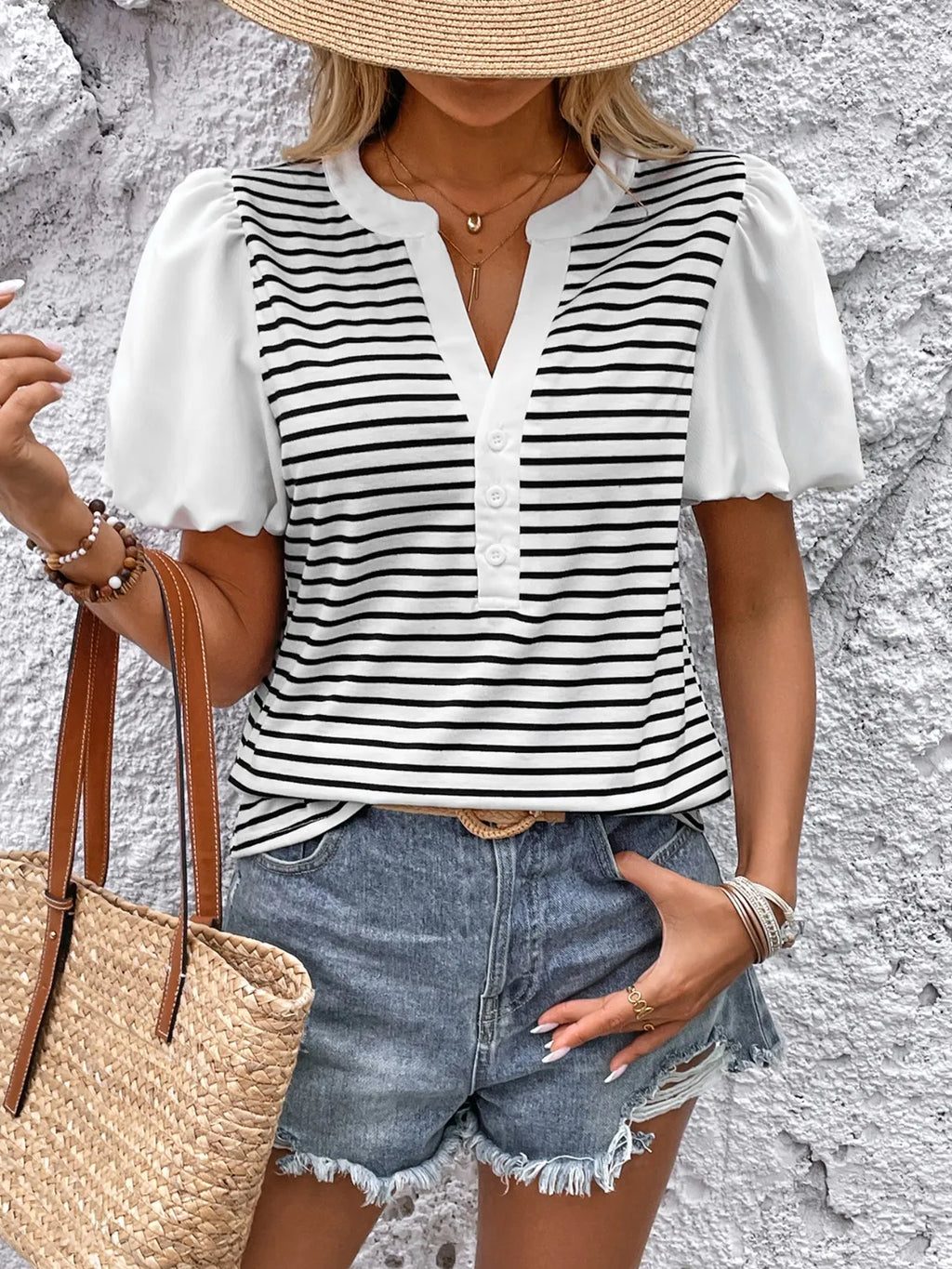 Striped Notched Short Sleeve T-Shirt