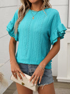 Eyelet Round Neck Flounce Sleeve Top