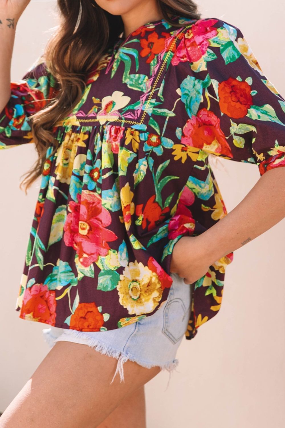 Flower Embroidered Trim Half Sleeve Blouse - felvior