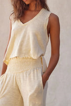 Solid Color Tank Top and Smocked Waist Pants Set