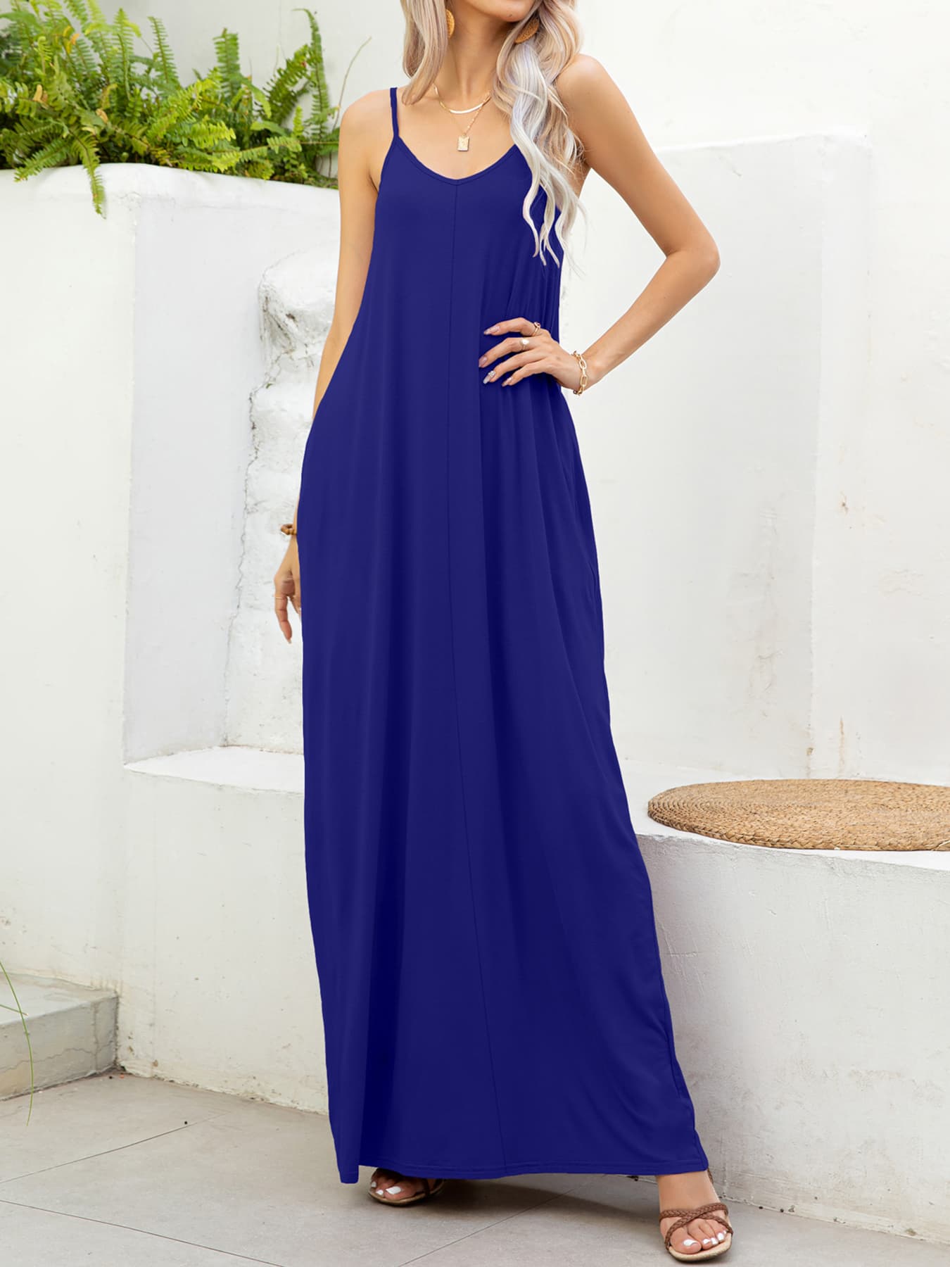 Spaghetti Strap V-Neck Maxi Dress with Pockets - felvior