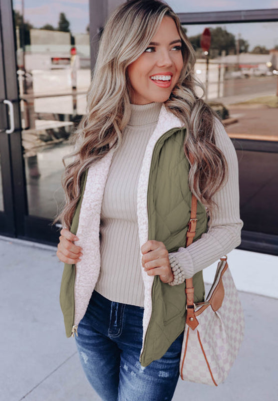 Fuzzy Zip Up Vest Coat with Pockets - felvior
