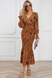 Printed V-Neck Smocked Midi Dress - felvior