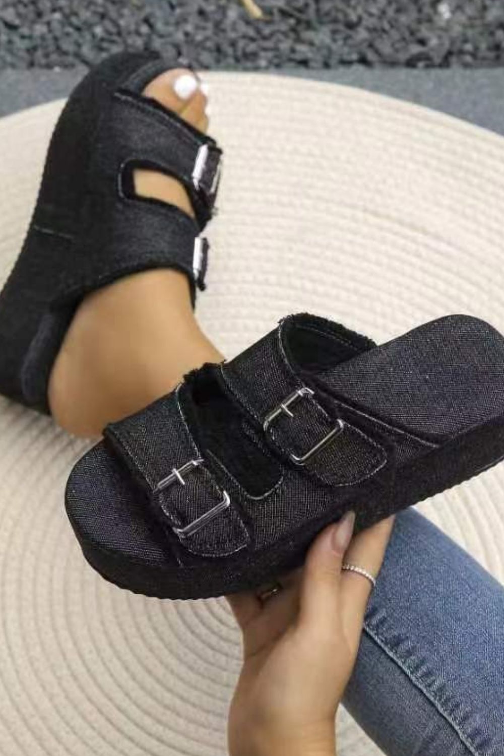 Raw Hem Wedge Buckle Sandals Secondary image