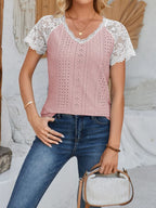 Eyelet Lace Detail V-Neck Short Sleeve Top